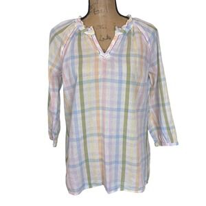Talbots Pastel Plaid Cotton Ruffle V-Neck Blouse Spring Feminine Medium Petite